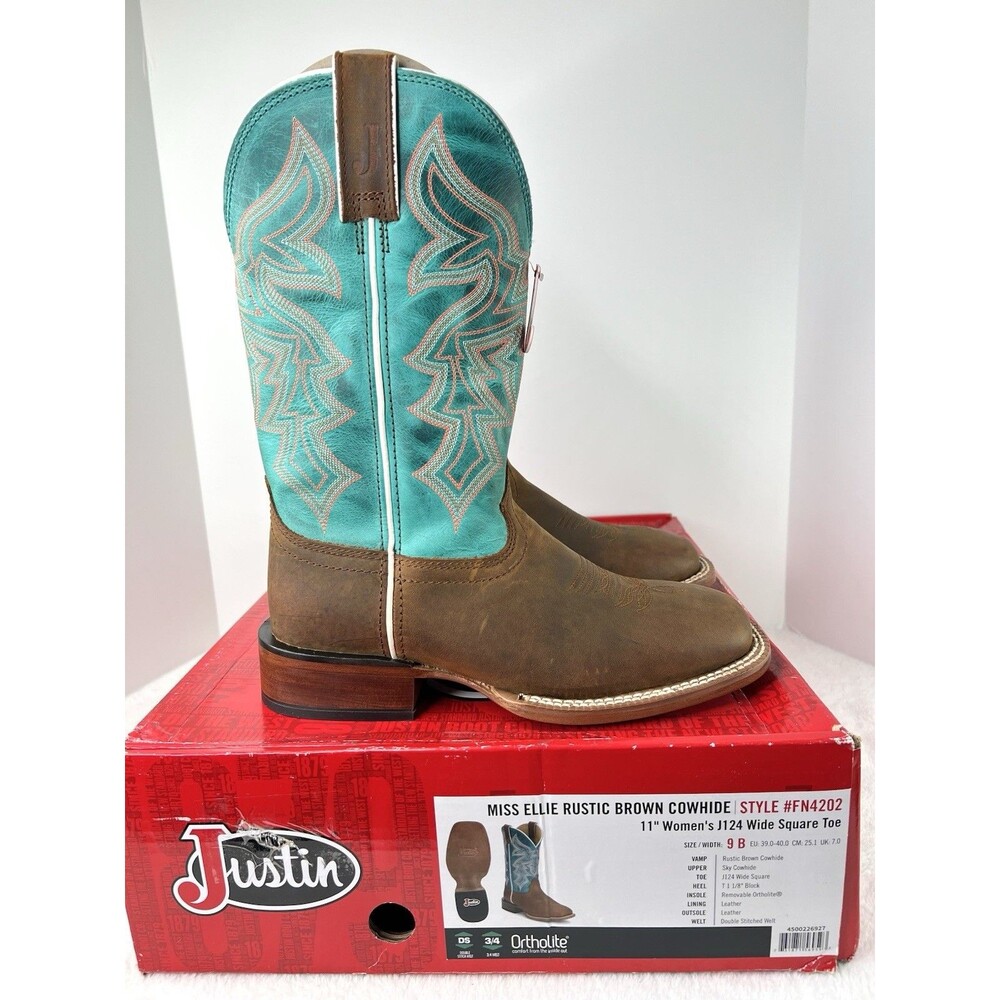 Justin Boots Miss Ellie 11” Wide Square Toe Cowboy Rustic Brown Womens 9 B New
